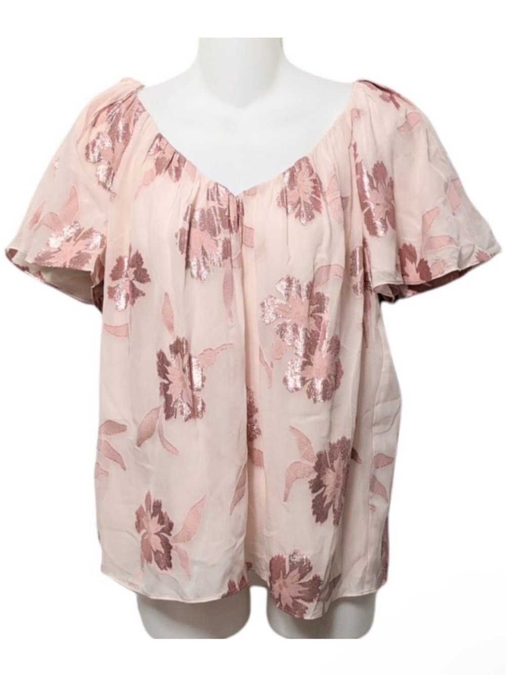 REBECCA TAYLOR Silk Floral Embroidered Flutter Sleeve V-Neck Blouse M